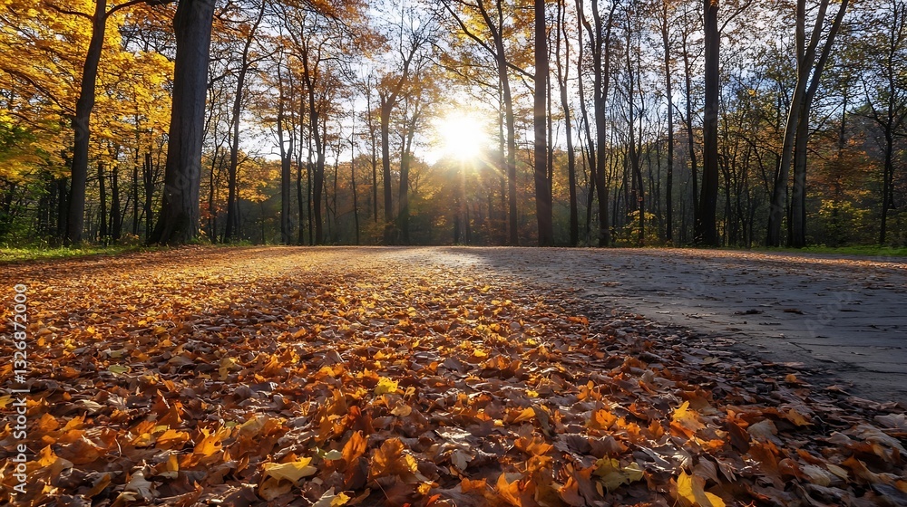 Poster Vibrant autumn forest landscape with falling leaves and sunlight streaming through the trees creating a serene atmosphere : Generative AI