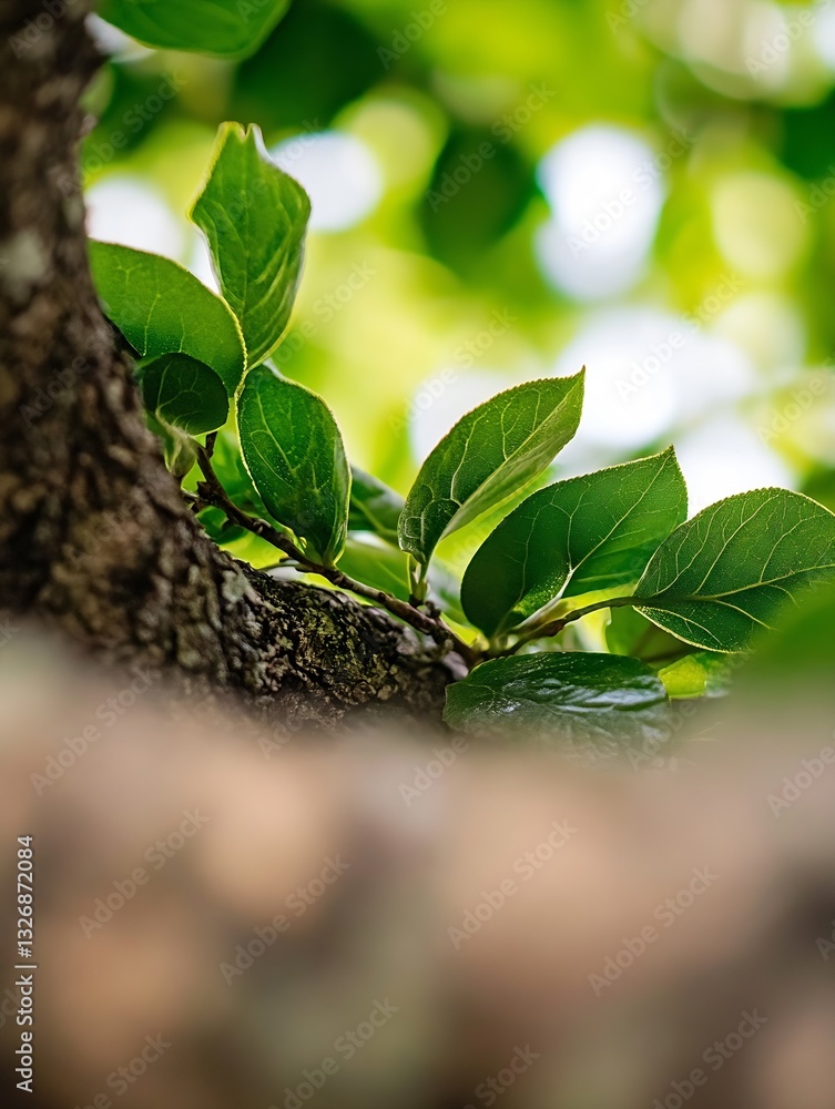 Aufkleber Fresh Green Leaves Glowing Under Soft Natural Light Through a Tree Branch in Focus : Generative AI