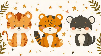 Cute tiger cubs in a whimsical forest scene