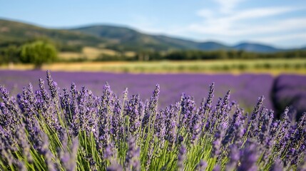 Naklejka premium Beautiful lavender field stretching across mountains under a clear blue sky during golden hour : Generative AI