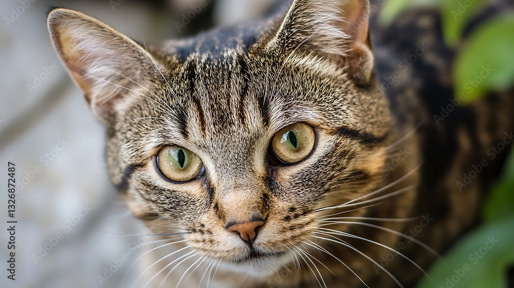 Poster close up portrait of a beautiful tabby cat with striking green eyes surrounded by greenery : generat