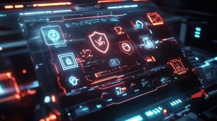 Obraz premium Futuristic Digital Interface Displaying Cybersecurity Elements