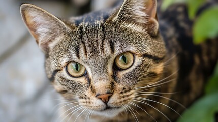 Fototapeta premium Close up portrait of a beautiful tabby cat with striking green eyes surrounded by greenery : Generative AI