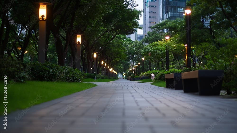Poster beautiful city park path illuminated by street lights surrounded by lush greenery creating peaceful 