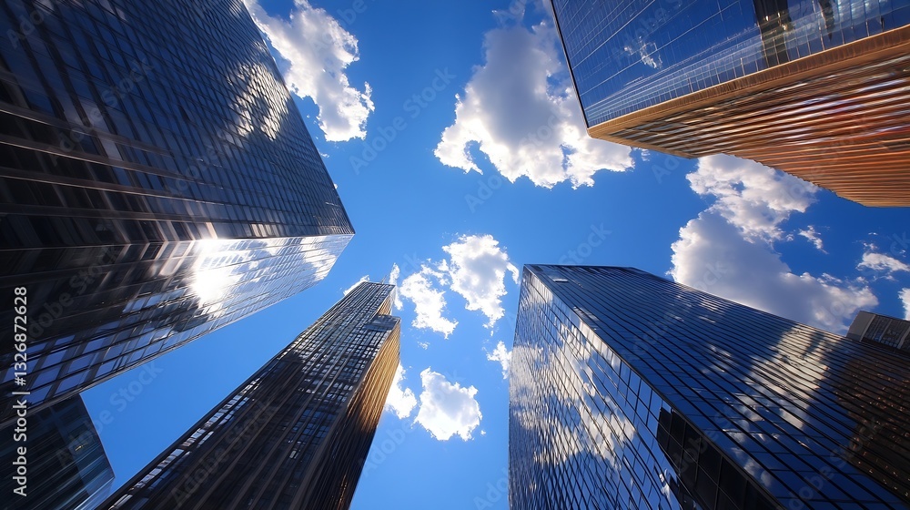 Poster modern skyscrapers viewed from the ground up with a blue sky and fluffy clouds above : generative ai