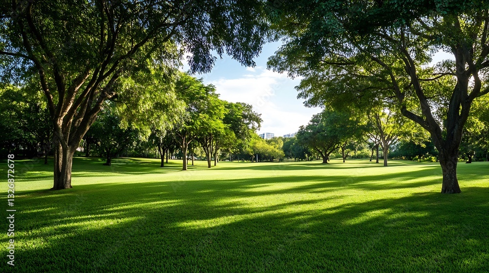 Poster spacious green park filled with large trees casting gentle shadows on the manicured lawn in daylight