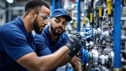 Engineers testing water filtration membranes in a clean water technology production facility