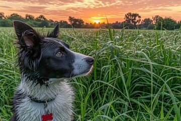 A black and white dog is standing in a field of tall grass