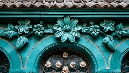 Obraz premium Ornate flower carvings adorning teal stone facade