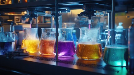 Laboratory setup showing various colorful liquids in glass flasks during an experiment