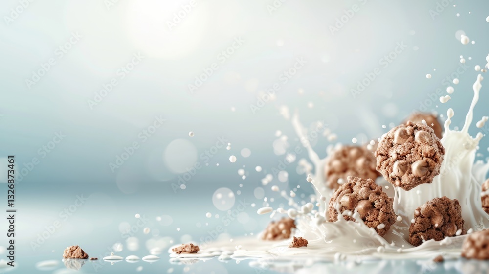 Poster realistic illustration of chocolate cookies and milk splash on soft color backdrop with blank space