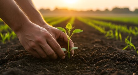 Fototapeta premium Planting Seedling in Fertile Soil at Sunrise for Sustainable Farming