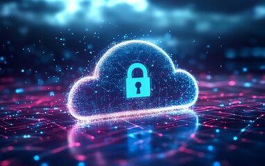 Cloud security services represented by abstract cloud icon with a secure padlock, digital protection, data encryption, cybersecurity in cloud computing environments