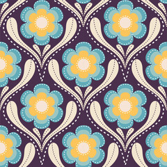 Retro floral pattern motif seamless repeat.Decorative botanical background.