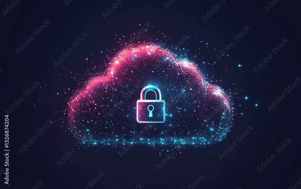 Poster data protection and cloud security, abstract stylized cloud icon with secure padlock, representing d