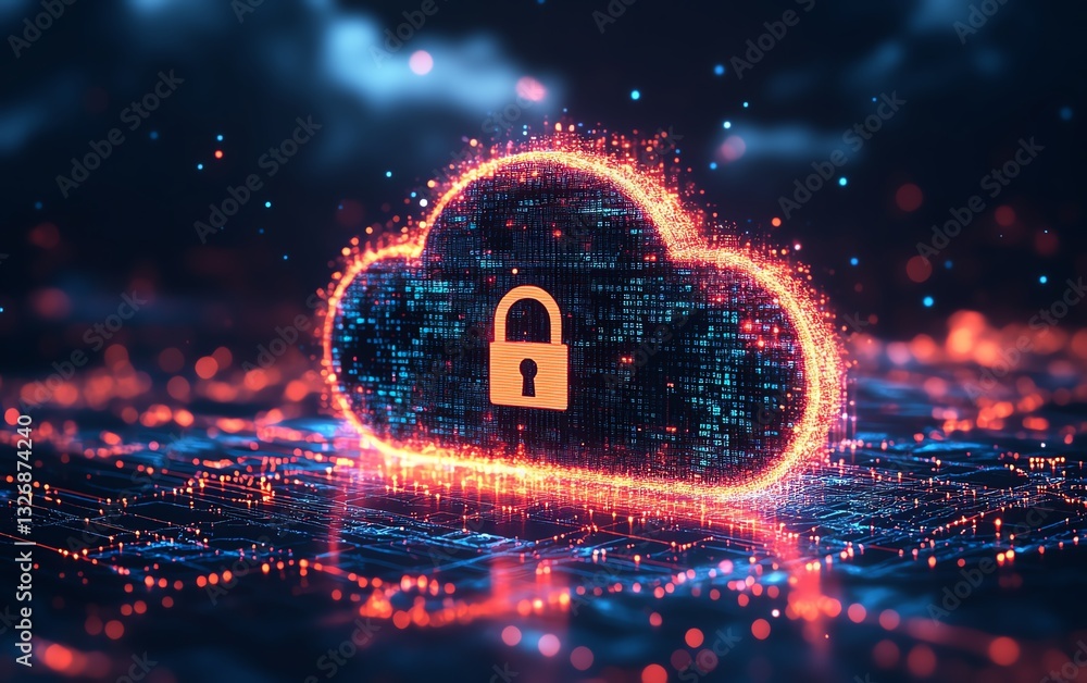 Poster data protection and cloud security, abstract stylized cloud icon with secure padlock, representing d