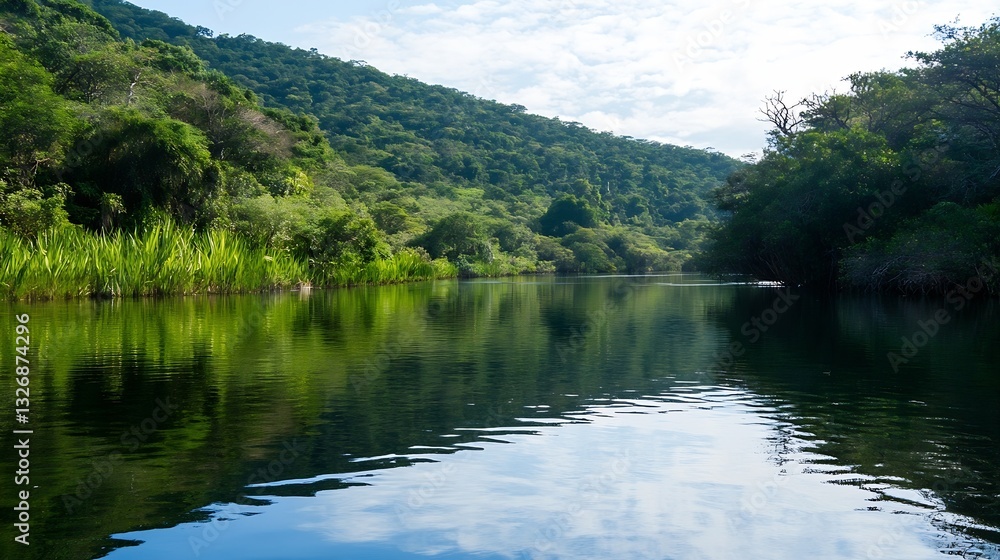 Poster tranquil river gliding through lush greenery and hills captured in a peaceful natural setting : gene