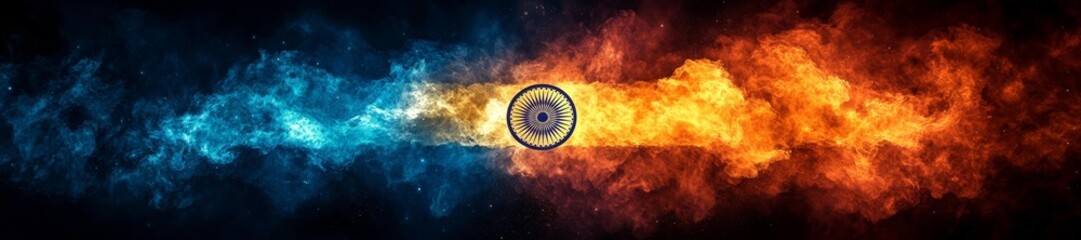 Vibrant Indian Flag with Blue and Orange Smoke. Generative AI