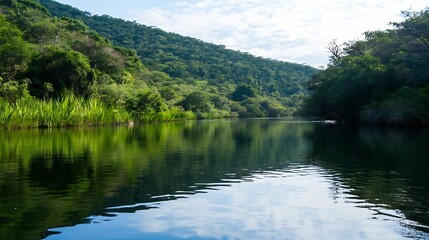 Tranquil river gliding through lush greenery and hills captured in a peaceful natural setting : Generative AI