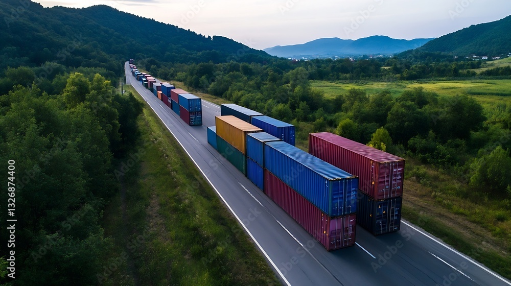 Poster aerial view of colorful shipping containers lined up on a road surrounded by nature : generative ai