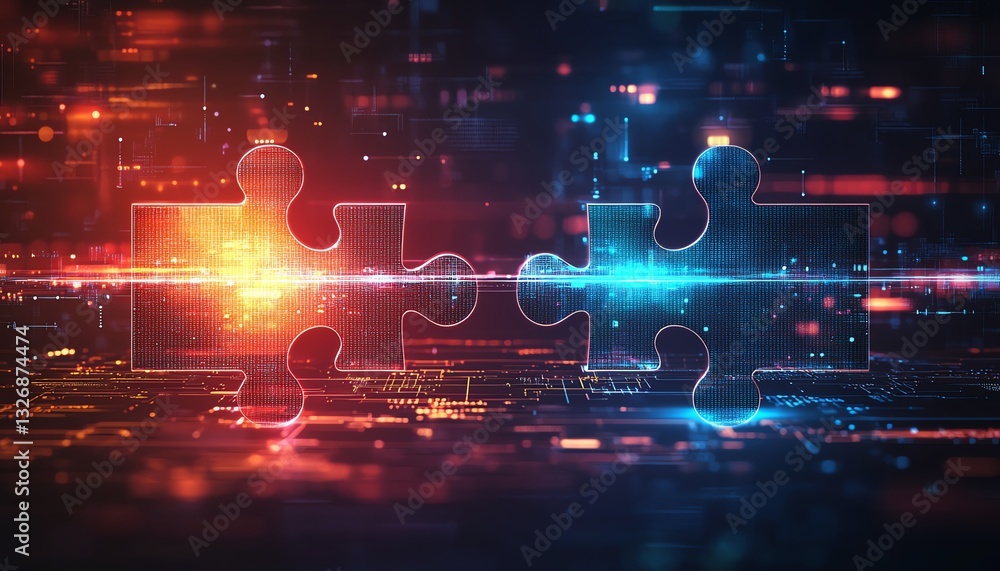 Poster digital concept of ai integration, featuring two interlocking puzzle pieces on a futuristic techinsp