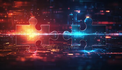 Digital concept of AI integration, featuring two interlocking puzzle pieces on a futuristic techinspired background, symbolizing connectivity and interoperability