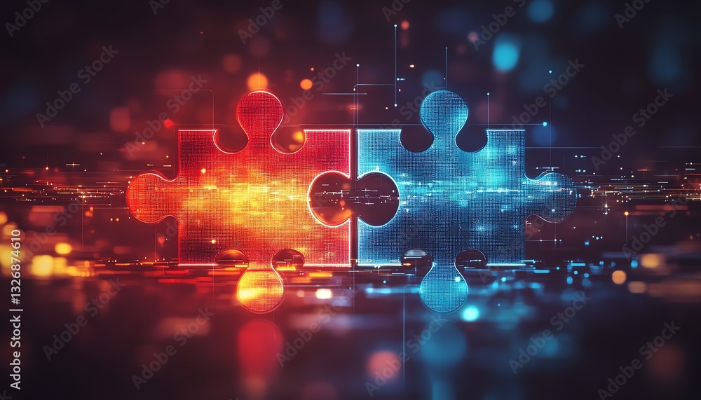 Poster digital concept of ai integration, featuring two interlocking puzzle pieces on a futuristic techinsp
