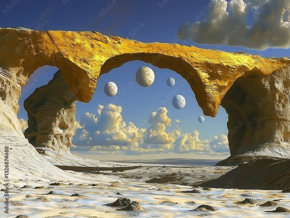 Aufkleber expansive desert landscape featuring a bridge with a few planets in the sky creating a visually stun