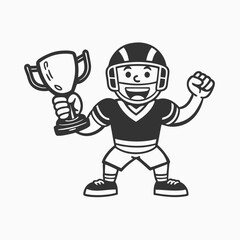 Obraz premium Happy Young Football Player in a Green Uniform Holding a Victory Cup. minimalist head logo, Icon, element. Vector illustration