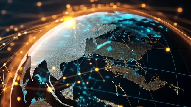 A digital globe illuminated with network connections, showcasing global data flow and technology - Powered by Adobe