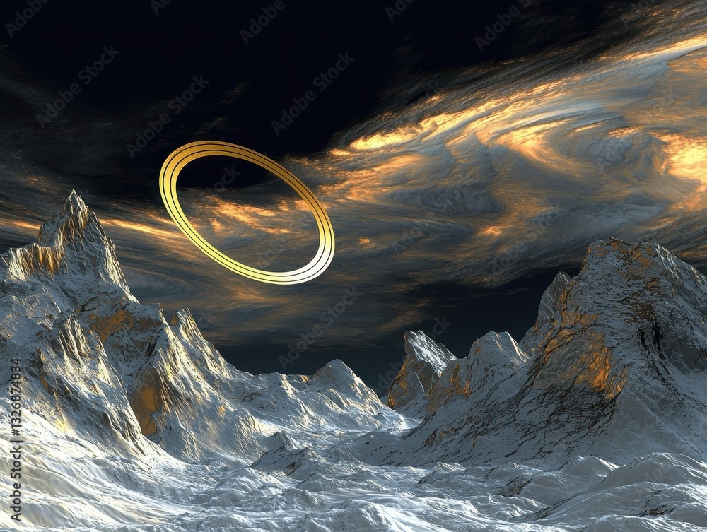 Poster enigmatic floating in the sky creating a visually stunning alien landscape with a mystical golden gl