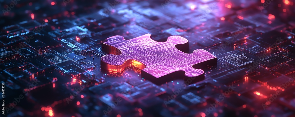 Poster digital representation of ai technology, with interlocking puzzle pieces amidst a futuristic abstrac
