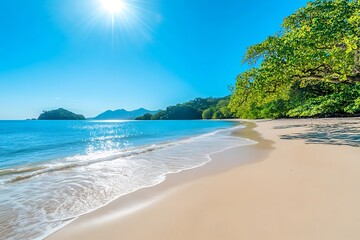 Fototapeta premium calm vibe of a seaside haven is highlighted by shimmering waves golden sands and mystic glow of sun on peaceful beach waters 