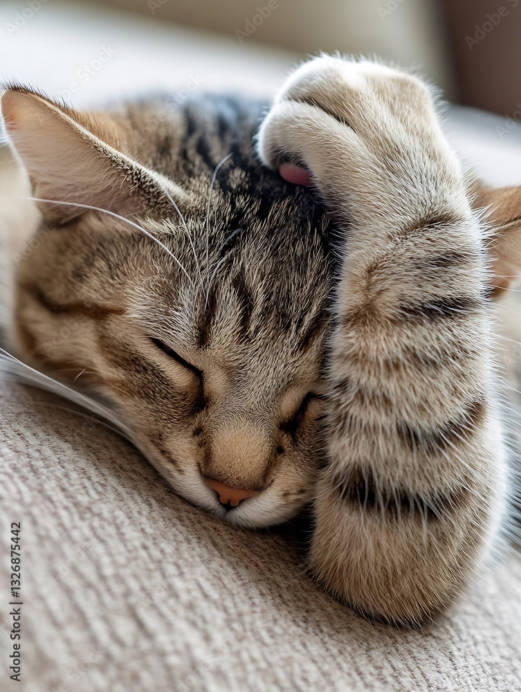Poster a serene and sleepy cat covering its eyes with a paw while resting indoors : generative ai