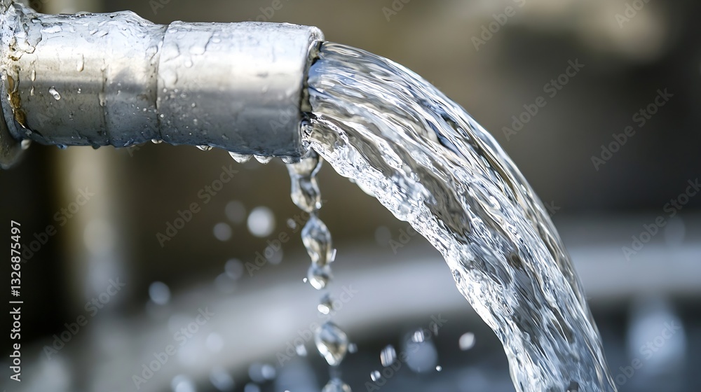 Poster closeup of clear water flowing from a metallic faucet in a natural setting : generative ai