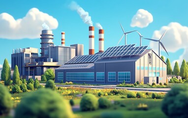 Ecofriendly modern power plant with solar panels and wind turbines, generating electricity with sustainable green strategies, reducing CO2 emissions, clean energy revolution