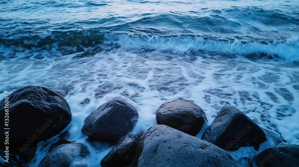 Poster calm ocean waves gently crashing against rocky shoreline at twilight with soft lighting : generative
