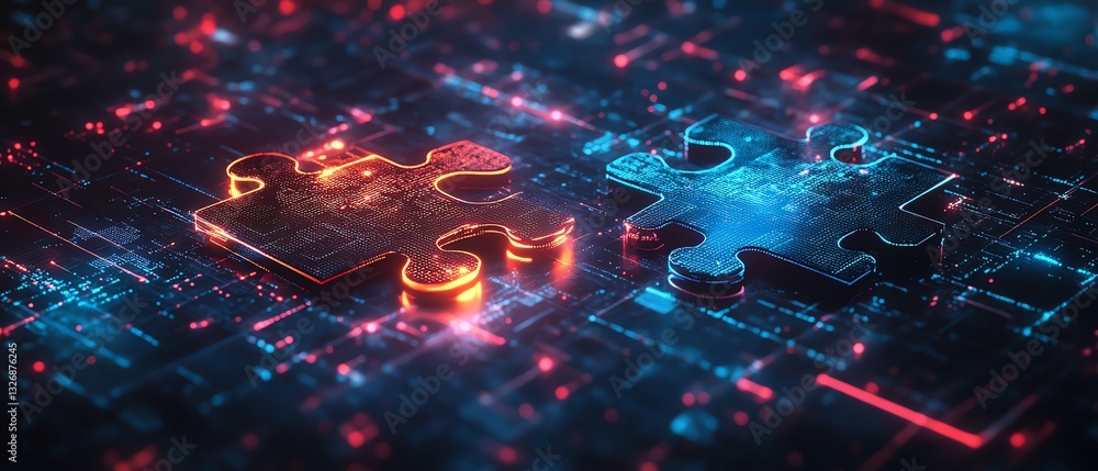 Poster futuristic ai integration concept, with two puzzle pieces interlocking against a vibrant, digital te