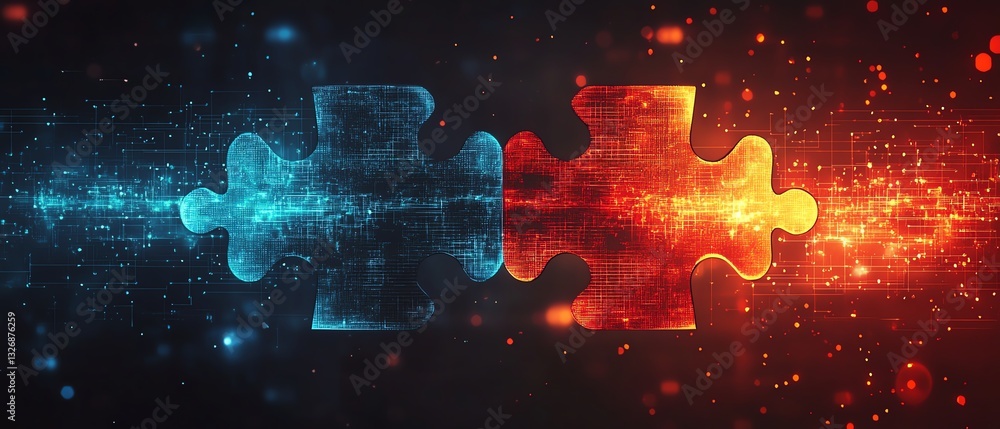 Poster futuristic ai integration concept, with two puzzle pieces interlocking against a vibrant, digital te