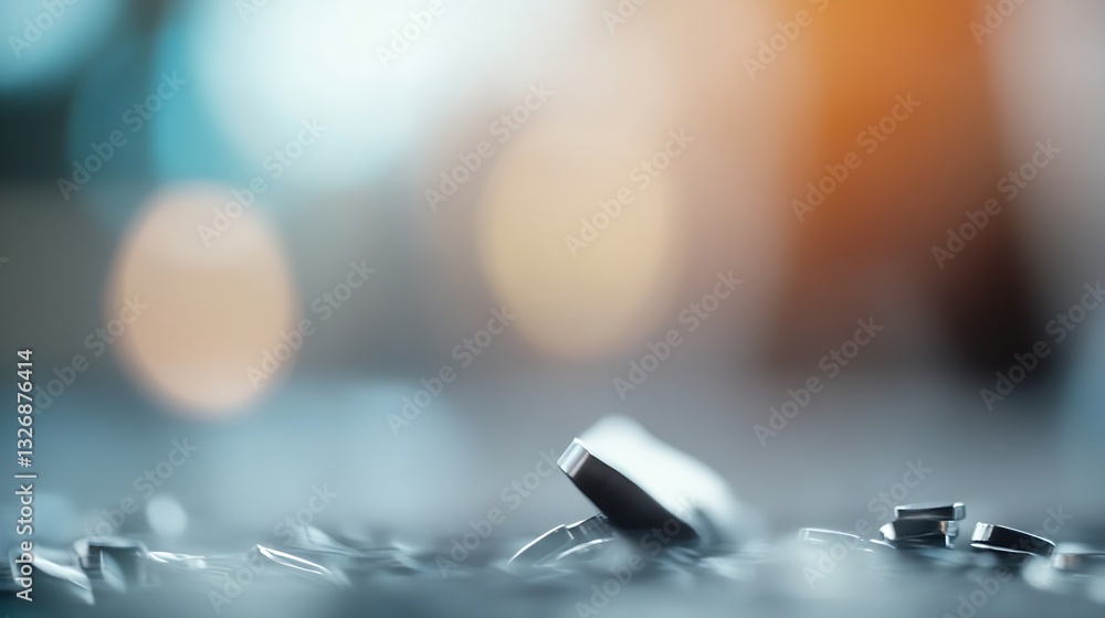Poster closeup view of metallic coins piled on a surface with a dreamy background and bokeh effect : genera
