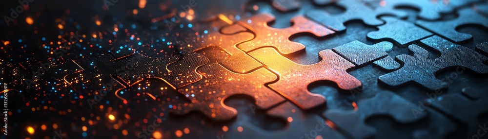Poster futuristic ai integration symbol, with interlocking puzzle pieces set on an abstract digital backgro
