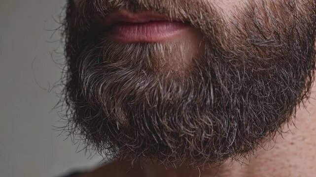 Extreme close-up of a man's dense, brown beard and lips. Macro shot highlighting the texture and detail of coarse facial hair, representing masculinity, style, and grooming.
