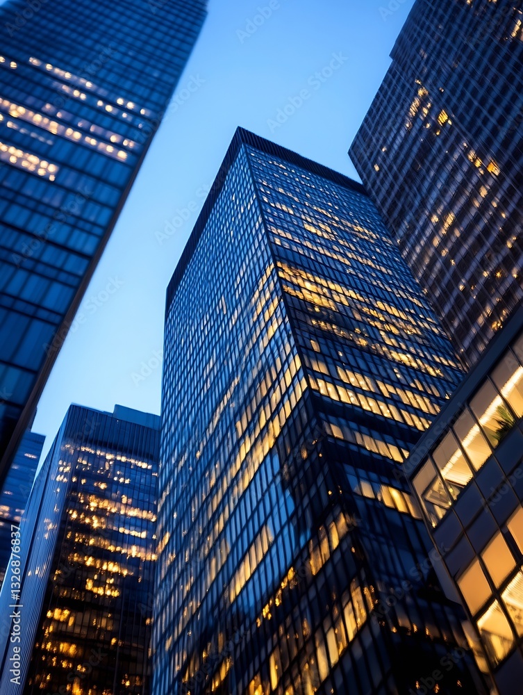 Poster dramatic upward view of modern skyscrapers reflecting lights against a twilight sky in an urban sett