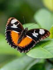 Naklejka premium Colorful black and orange butterfly perched gracefully on vibrant green leaves : Generative AI
