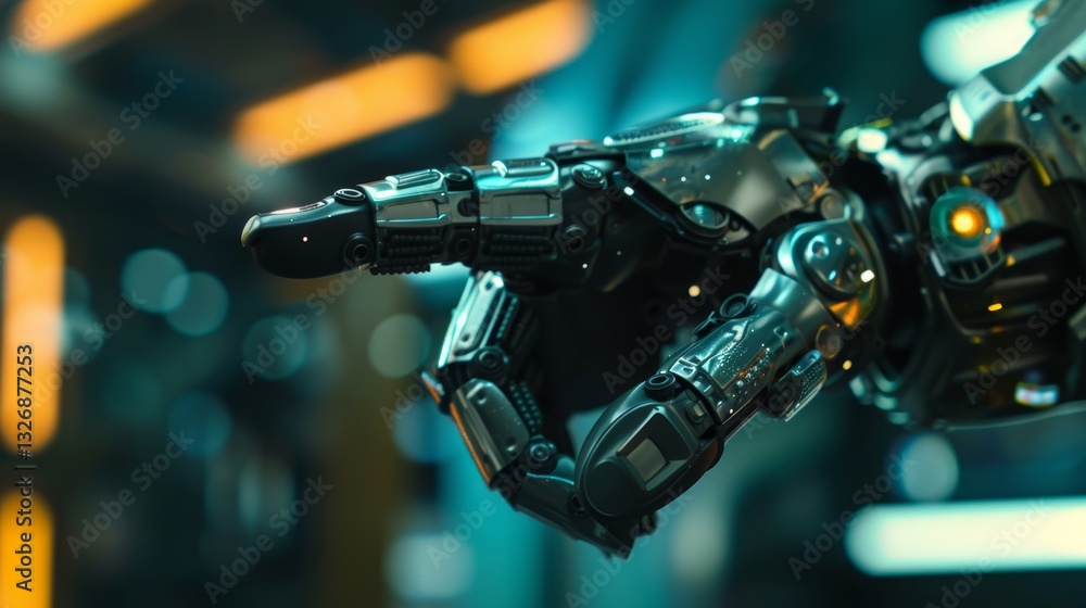 Poster robotic hand pointing finger in closeup with perfect focus and minimalistic background