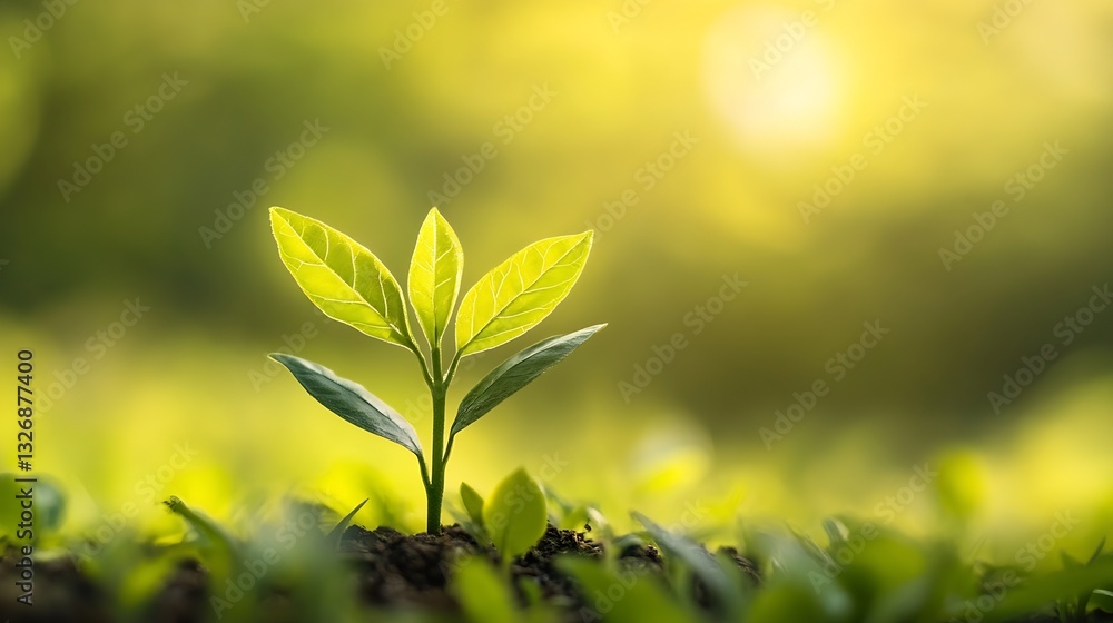Poster fresh green plant sprouting from the ground with soft sunlight shining in the background : generativ