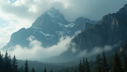 Majestic jagged mountain peak surrounded by mist and lush evergreen trees at dawn