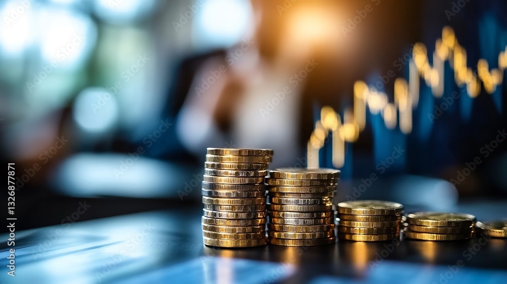 Leinwandbilder stacks of shiny gold coins representing business growth and financial success on a blurred backgroun