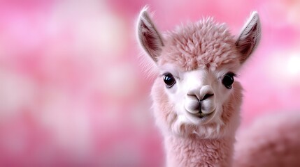 Fototapeta premium Young alpaca portrait on pink blurred background, close up view of cute fluffy llama face with gentle expression and soft wool. Suitable for greeting cards and nursery art.
