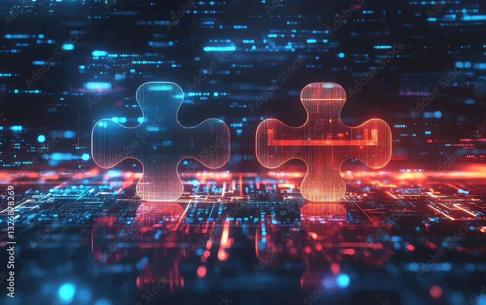 Poster hightech digital art of two puzzle pieces connecting, representing ai integration and digital intero
